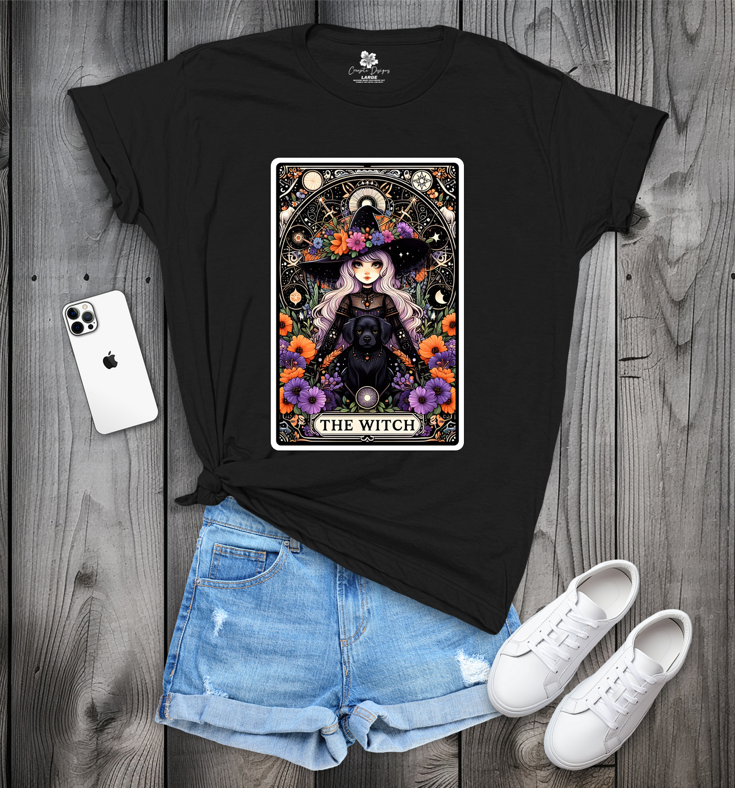 Witch Tarot Card Crew Neck T-Shirt, Witch and Dog T-Shirt, Trendy Witch Tarot T-Shirt, Witch Tee