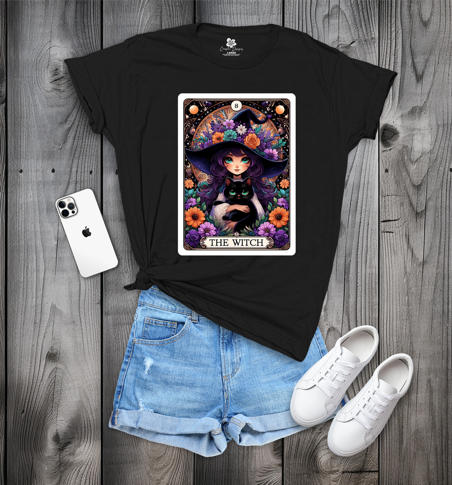 Witch Tarot Card Crew Neck T-Shirt, Witch and Cat T-Shirt, Trendy Witch Tarot T-Shirt, Witch Tee