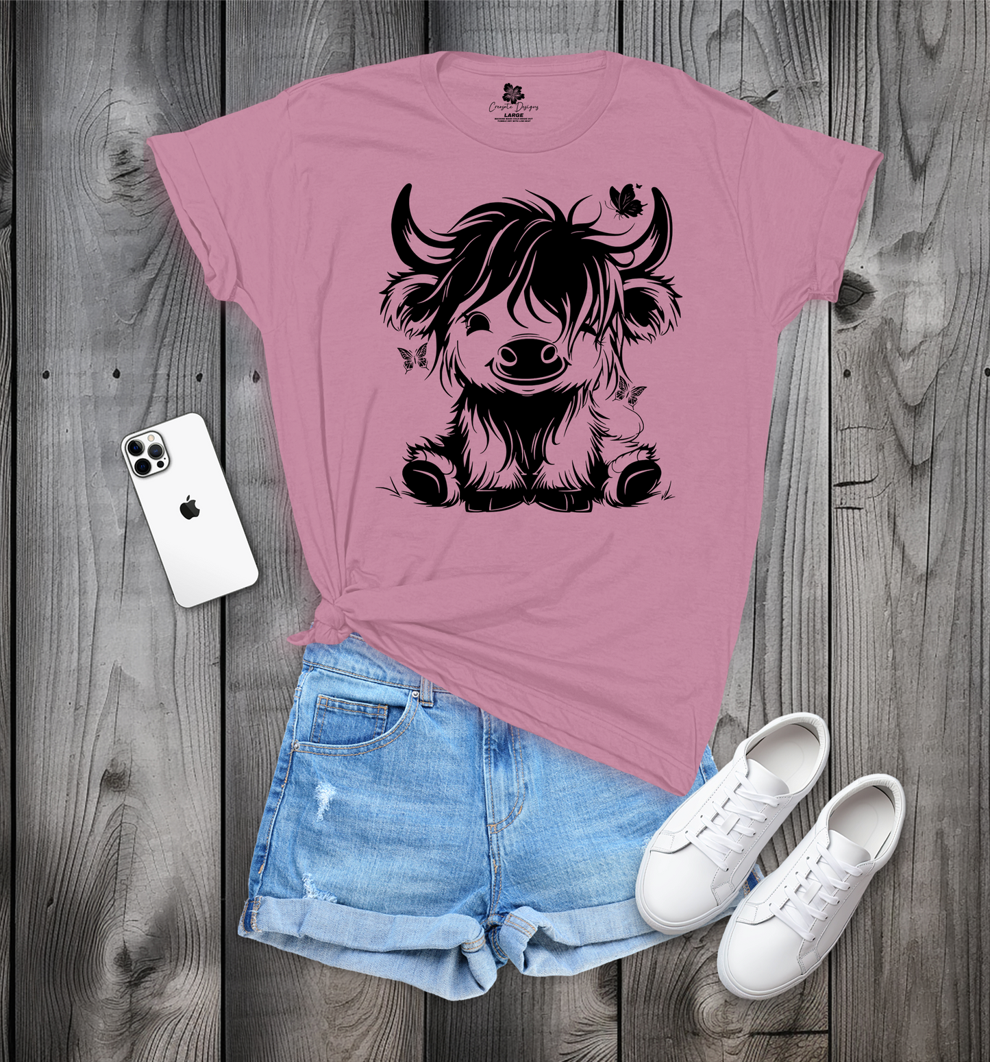 Cute Sitting Highland Cow with Butterflies T-Shirt, Cute Cow T-Shirt, Baby Cow T-Shirt