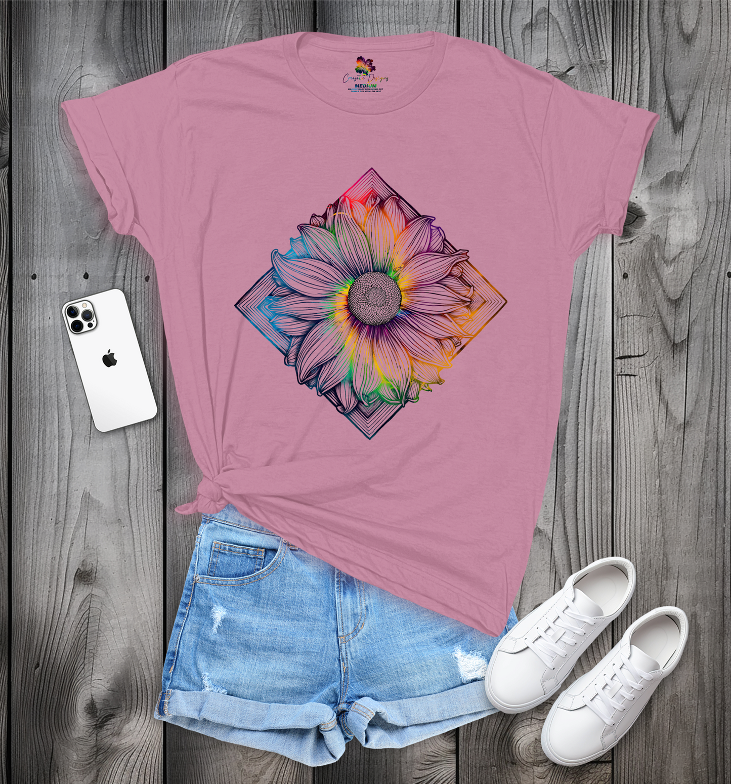 Women's Sunflower Swirl Print T-Shirt, Tie Dye Sunflower Design, Enchanting Sunflower Tee