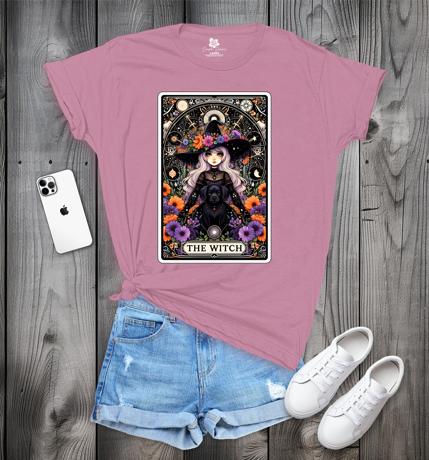 Witch Tarot Card Crew Neck T-Shirt, Witch and Dog T-Shirt, Trendy Witch Tarot T-Shirt, Witch Tee