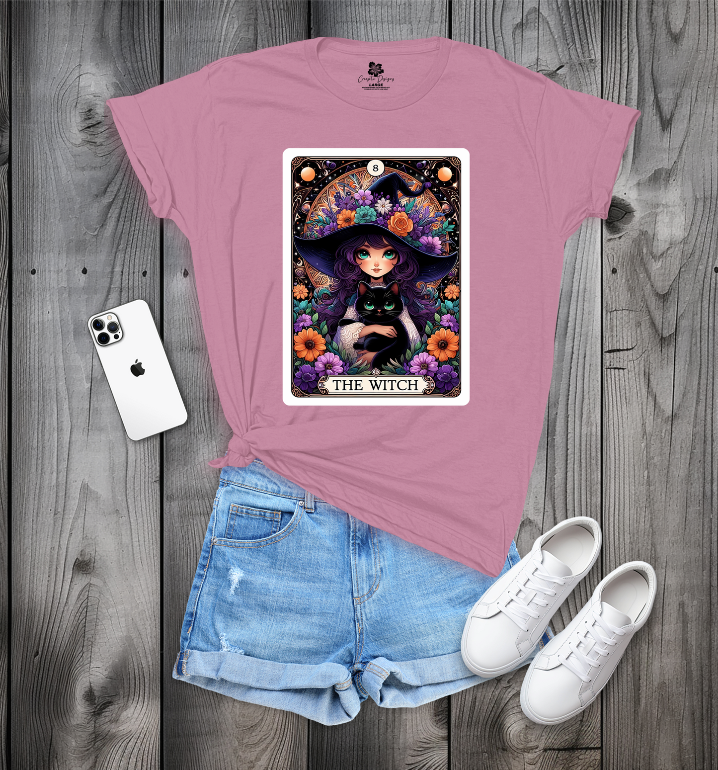 Witch Tarot Card Crew Neck T-Shirt, Witch and Cat T-Shirt, Trendy Witch Tarot T-Shirt, Witch Tee