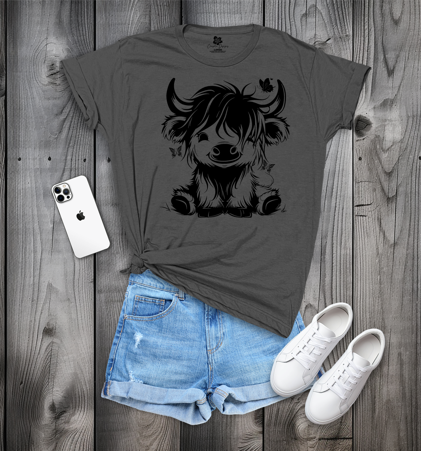 Cute Sitting Highland Cow with Butterflies T-Shirt, Cute Cow T-Shirt, Baby Cow T-Shirt