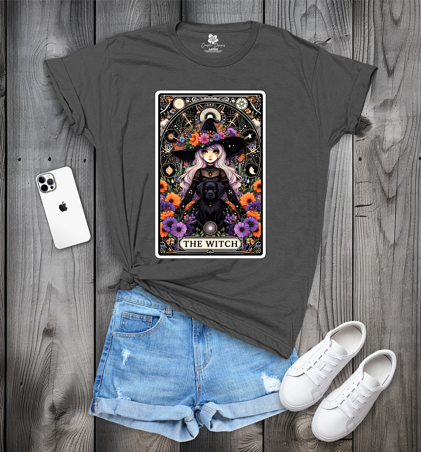 Witch Tarot Card Crew Neck T-Shirt, Witch and Dog T-Shirt, Trendy Witch Tarot T-Shirt, Witch Tee