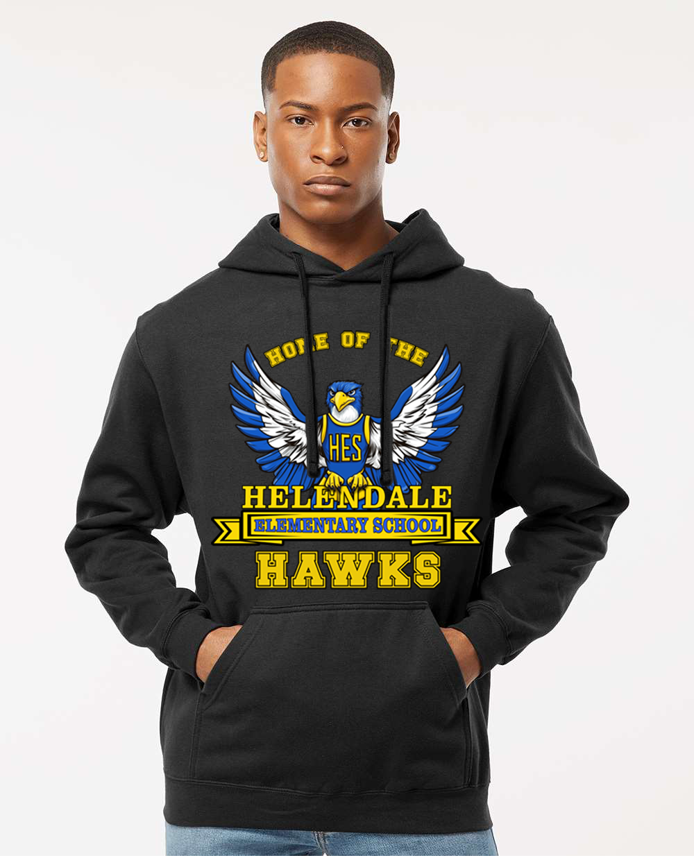 Helendale Elementary School Spirit Adult Hoodie – Bold Hawk Mascot Design, Sizes XS-4X, Royal Blue, Black, White