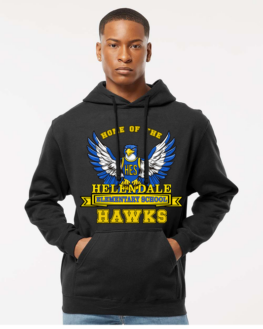 Helendale Elementary School Spirit Adult Hoodie – Bold Hawk Mascot Design, Sizes XS-4X, Royal Blue, Black, White