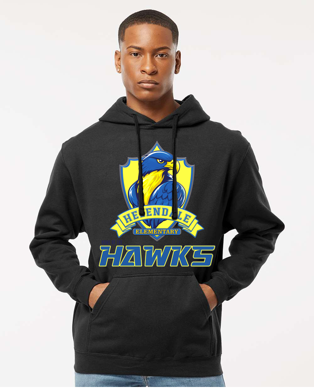 Helendale Elementary School Spirit Adult Hoodie – Bold Hawk Mascot Design, Sizes XS-4X, Royal Blue, Black, White