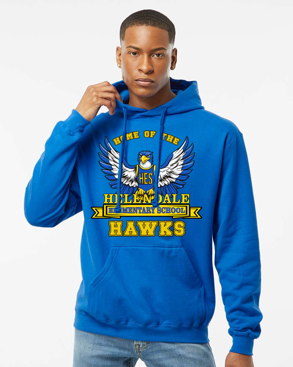 Helendale Elementary School Spirit Adult Hoodie – Bold Hawk Mascot Design, Sizes XS-4X, Royal Blue, Black, White