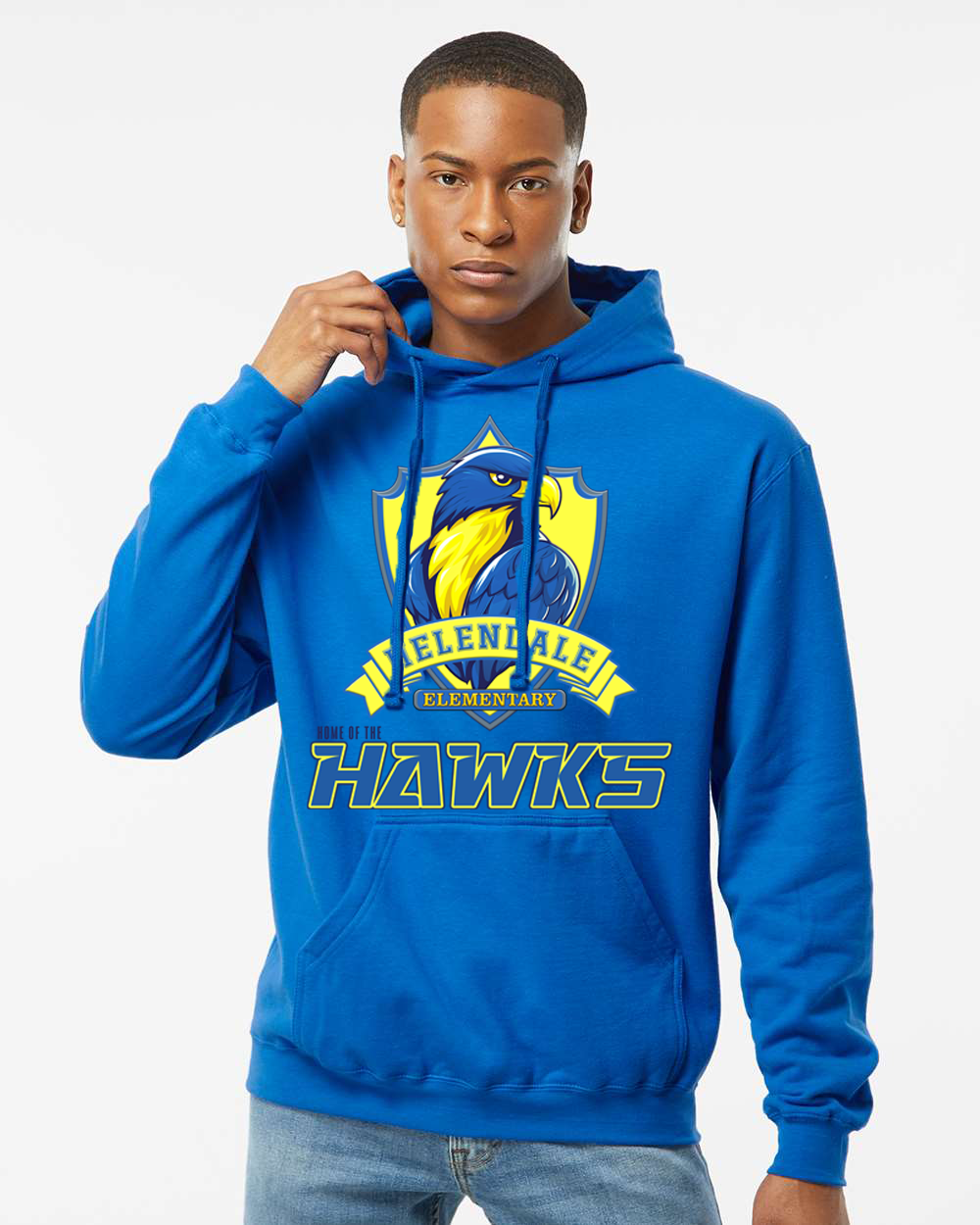 Helendale Elementary School Spirit Adult Hoodie – Bold Hawk Mascot Design, Sizes XS-4X, Royal Blue, Black, White