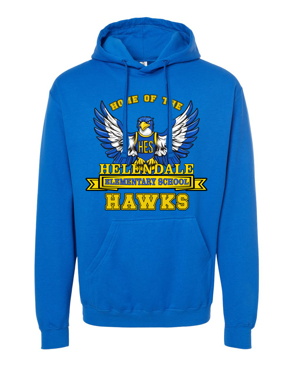 Helendale Elementary School Spirit Adult Hoodie – Bold Hawk Mascot Design, Sizes XS-4X, Royal Blue, Black, White