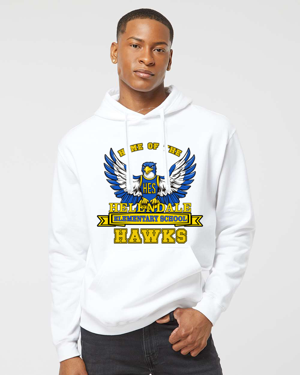 Helendale Elementary School Spirit Adult Hoodie – Bold Hawk Mascot Design, Sizes XS-4X, Royal Blue, Black, White