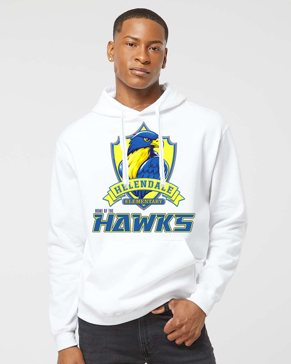 Helendale Elementary School Spirit Adult Hoodie – Bold Hawk Mascot Design, Sizes XS-4X, Royal Blue, Black, White