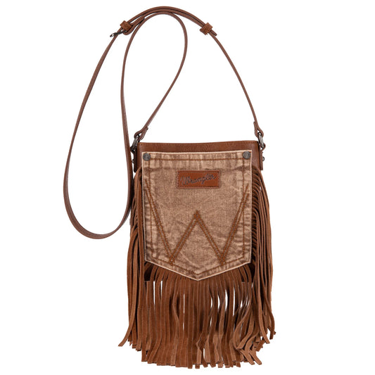 Wrangler Leather Fringe Jean Denim Pocket Crossbody