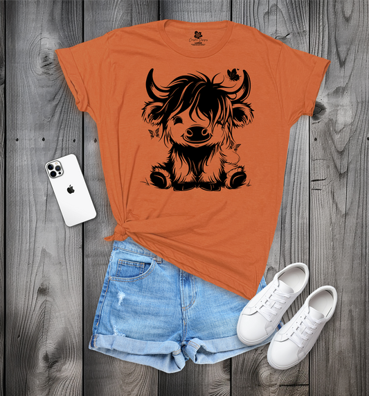 Cute Sitting Highland Cow with Butterflies T-Shirt, Cute Cow T-Shirt, Baby Cow T-Shirt