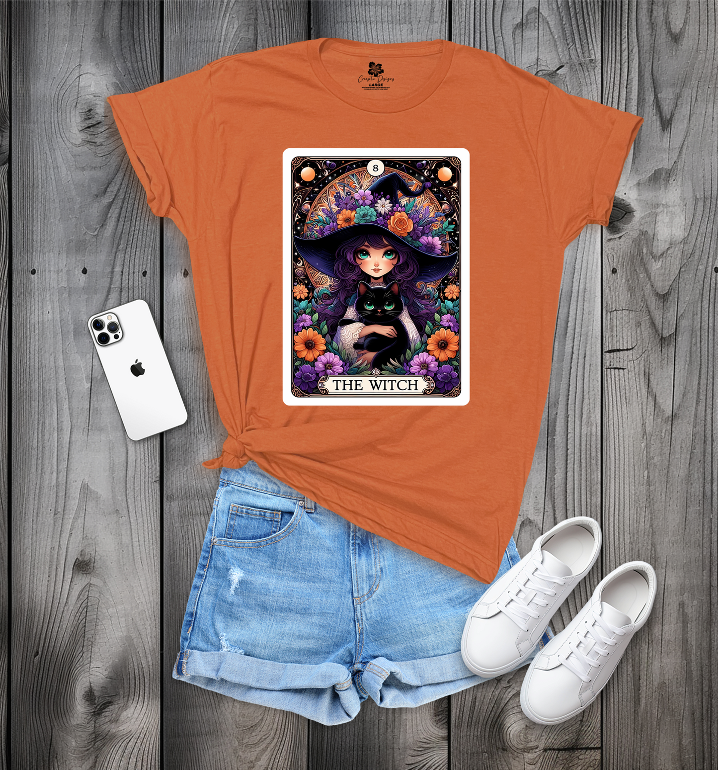 Witch Tarot Card Crew Neck T-Shirt, Witch and Cat T-Shirt, Trendy Witch Tarot T-Shirt, Witch Tee