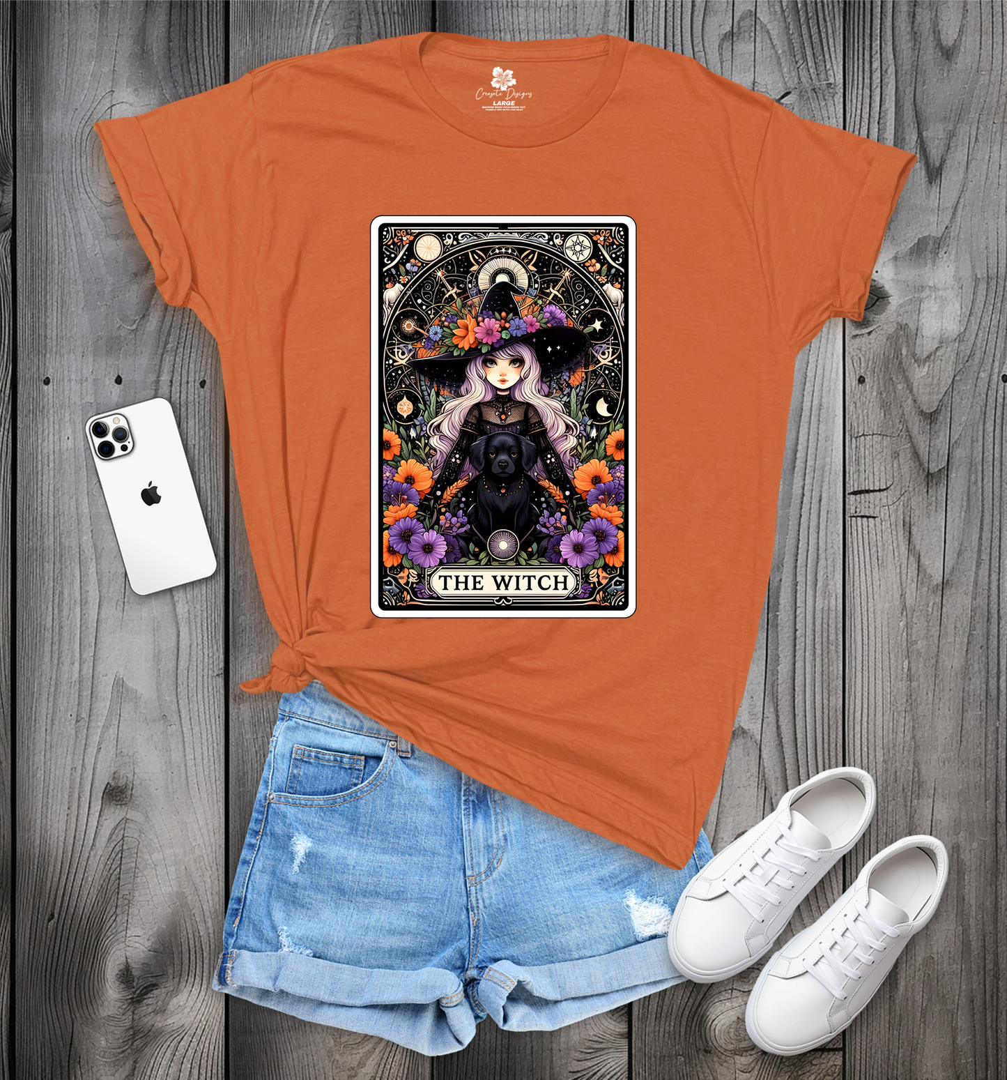 Witch Tarot Card Crew Neck T-Shirt, Witch and Dog T-Shirt, Trendy Witch Tarot T-Shirt, Witch Tee