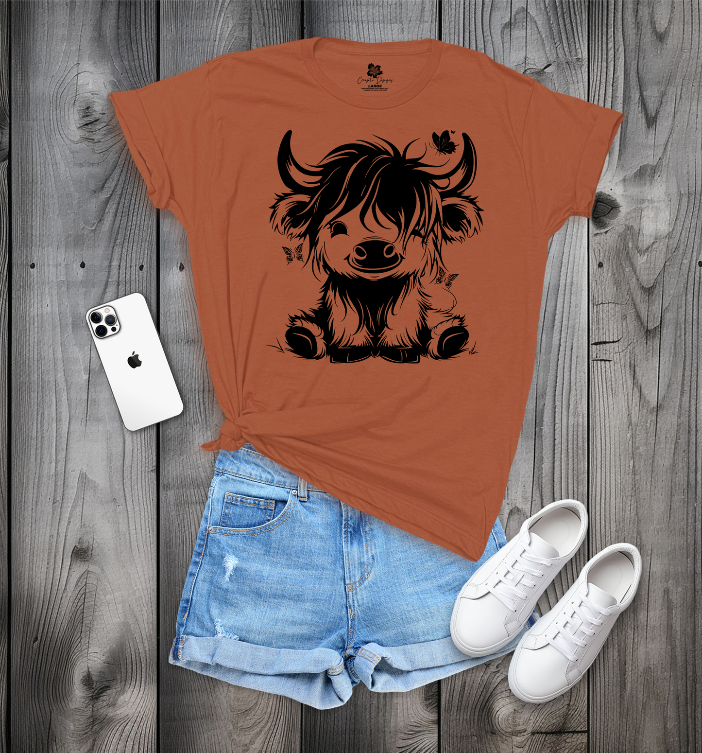 Cute Sitting Highland Cow with Butterflies T-Shirt, Cute Cow T-Shirt, Baby Cow T-Shirt