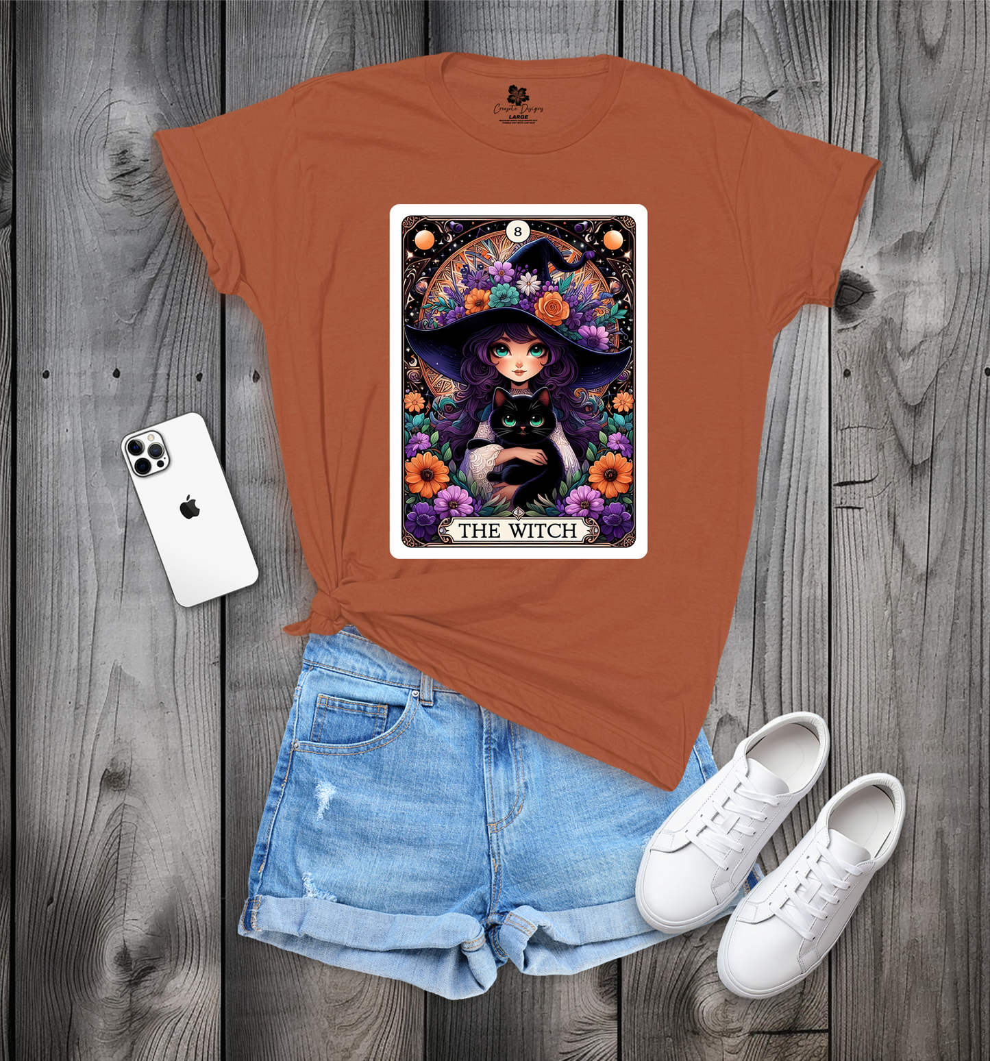 Witch Tarot Card Crew Neck T-Shirt, Witch and Cat T-Shirt, Trendy Witch Tarot T-Shirt, Witch Tee