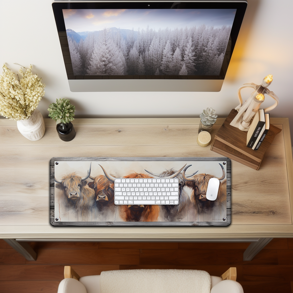 Multi-functional oversized 31.5" x 11.750" Desk/Mouse Pad.  Seamlessly blending artistry with practicality. Non-slip backing and stitched edge.